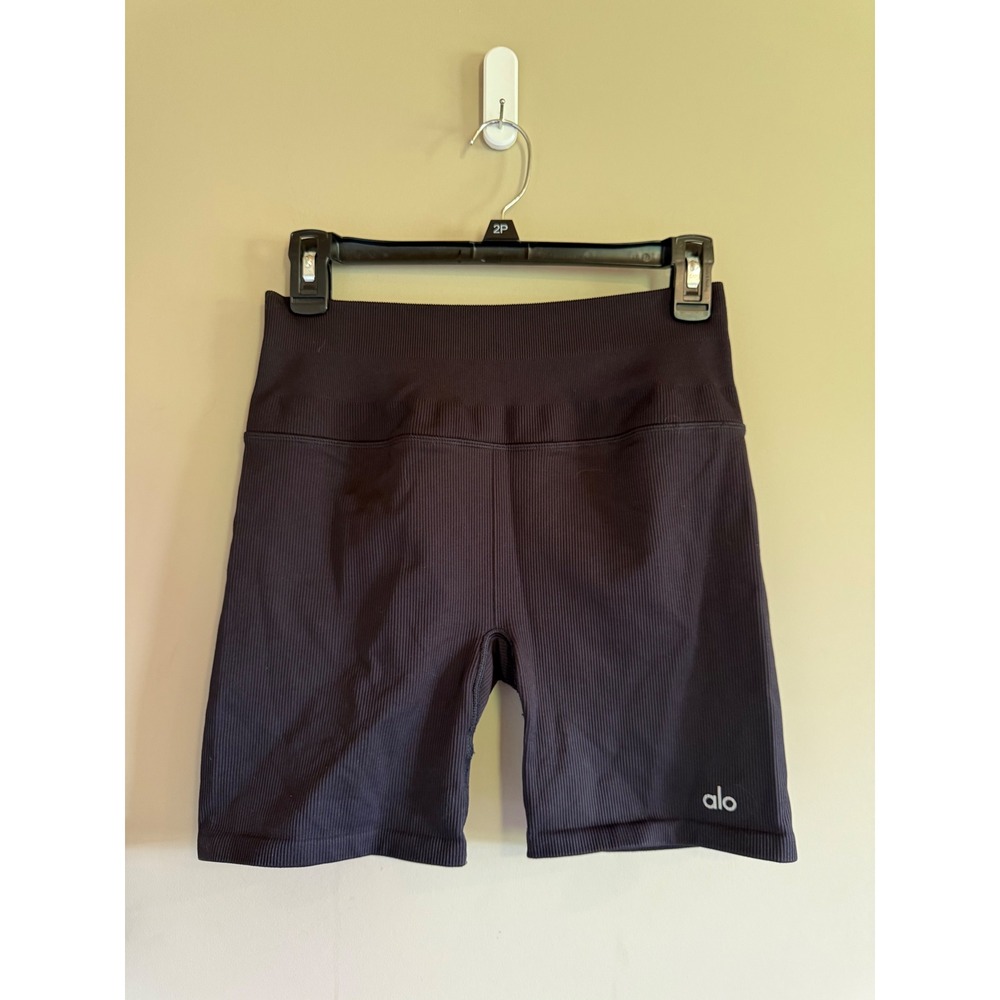 Alo Yoga Seamless Ribbed High Waist Biker Shorts Black Womens Medium